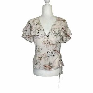 Astr Floral V-Neck Ruffle Sleeve Top - Cream